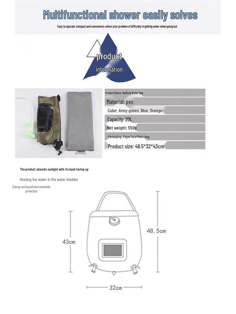 Portable Solar Shower Bag for Outdoor Camping and Self-Driving Tours - Hot Water Storage Solution
