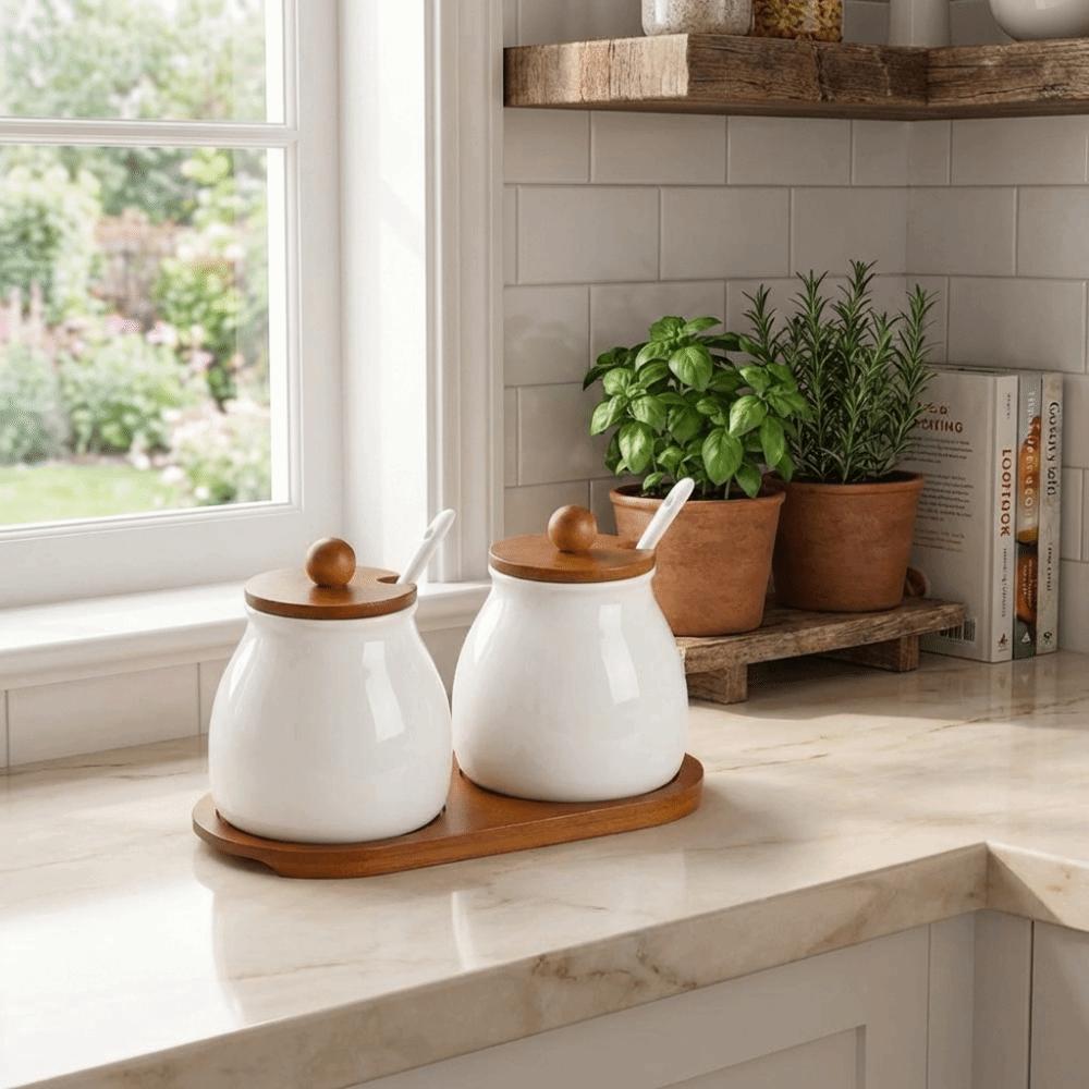 Moisture-Proof Ceramics Seasoning Jars with Spoon Condiment Jar Spice Containers  Kitchen