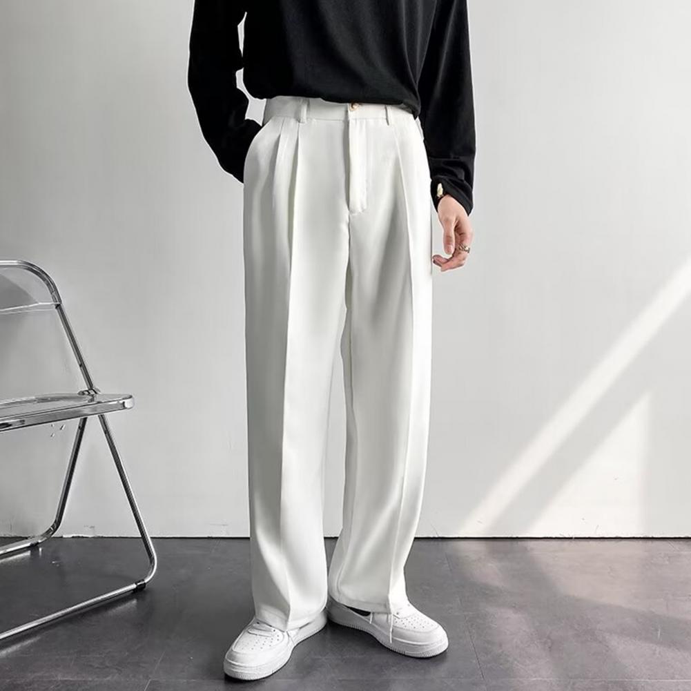 Men Suit Pants Wide Leg Comfortable Fit Straight-Leg Formal Business Style Side Pockets Button Zipper Closure Single Color Work Office Trou