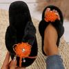 Fashion Retro Flower Detor Fur Flip Flops Women Comfort Faux Fur Warm Plush Slippers Woman Soft Slip On Light Cotton Slides Female