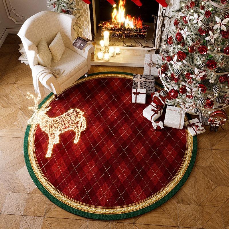 

Christmas Round Rug Red Green Color Scheme Reindeer Bell Pattern Festive Fireplace Decor Home Accent Mat 60cmx60cm