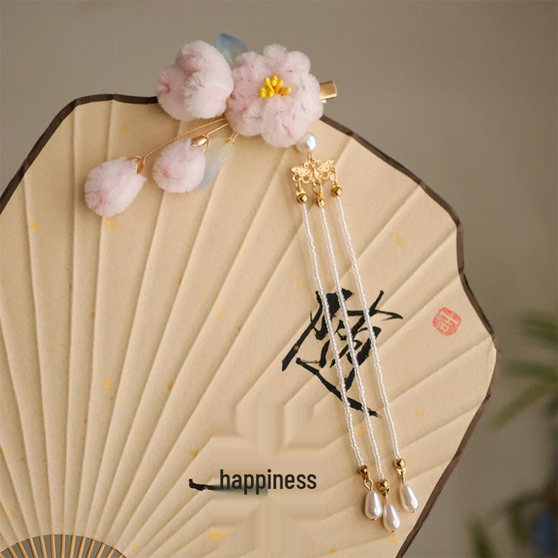 Velvet Plum Blossom Hair Clip with Tassel - Ancient Style Headdress for Autumn/Winter