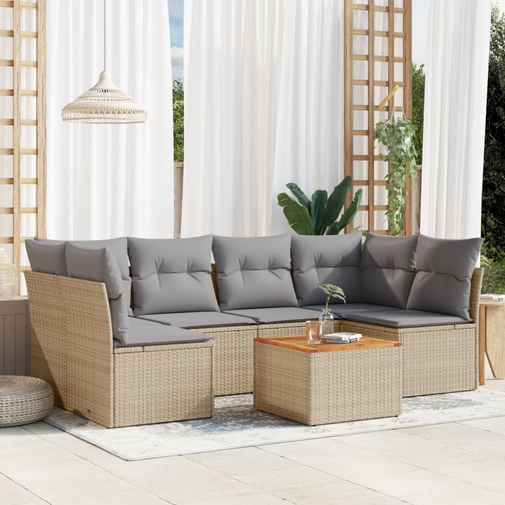 7 piece Garden Sofa Set with Cushions Beige Poly Rattan