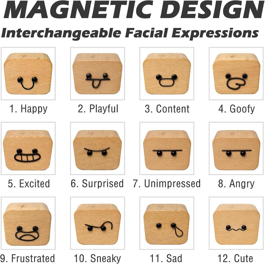 Wackelnde Füße Holzpuppe mit Federbeinen & 12 Stk. Magnetische Ausdrücke, DIY Kreative Ornamente, zur Dekoration des Armaturenbretts