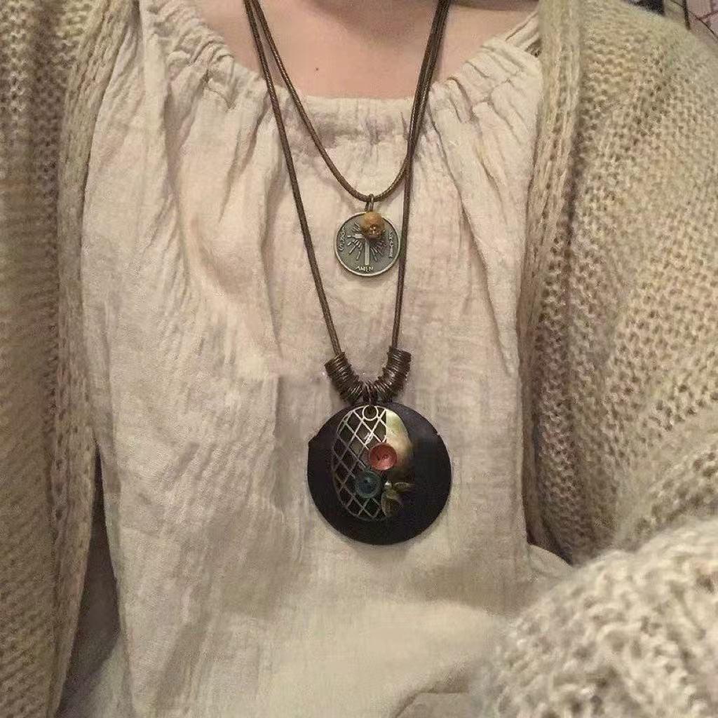 Zen-Inspired Long Feather Necklace - Women's Ethnic Layered Chain with Retro Style