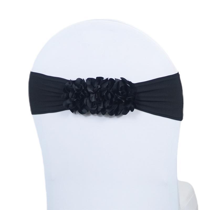 Faixa de Cadeira de Cetim Elástico em Várias Cores Design Elástico com Flor 3D Para Decoração de Casamento Banquete Festa Evento