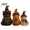 Rustic Pumpkin Figurine Sets 3Pcs Halloween Witch Cat Dog Statues, Resin Farmhouse Seasonal Home Soft Furnishings Ornaments for Autumn Thanksgiving,