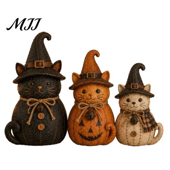 Rustic Pumpkin Figurine Sets 3Pcs Halloween Witch Cat Dog Statues, Resin Farmhouse Seasonal Home Soft Furnishings Ornaments for Autumn Thanksgiving,