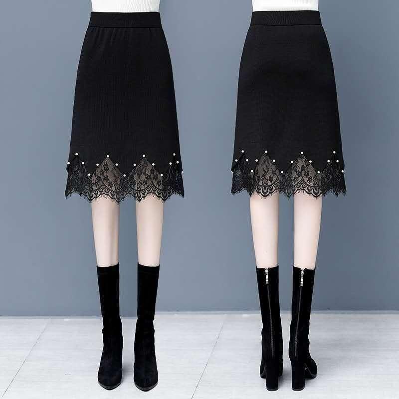 Lace Skirt Thickened Knitted New Autumn/winter High Waist Step Skirt Versatile Black A-line Skirt Wholesale