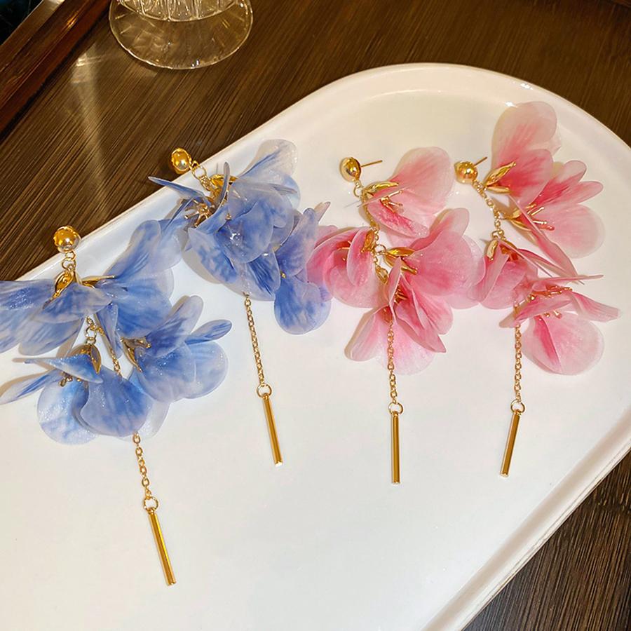 Sweet Pink Blue Flower Earrings for Women Yarn Mesh Long Tassel Earring Pendientes Mujer Fashion Y2K Jewelry Holiday Accessories
