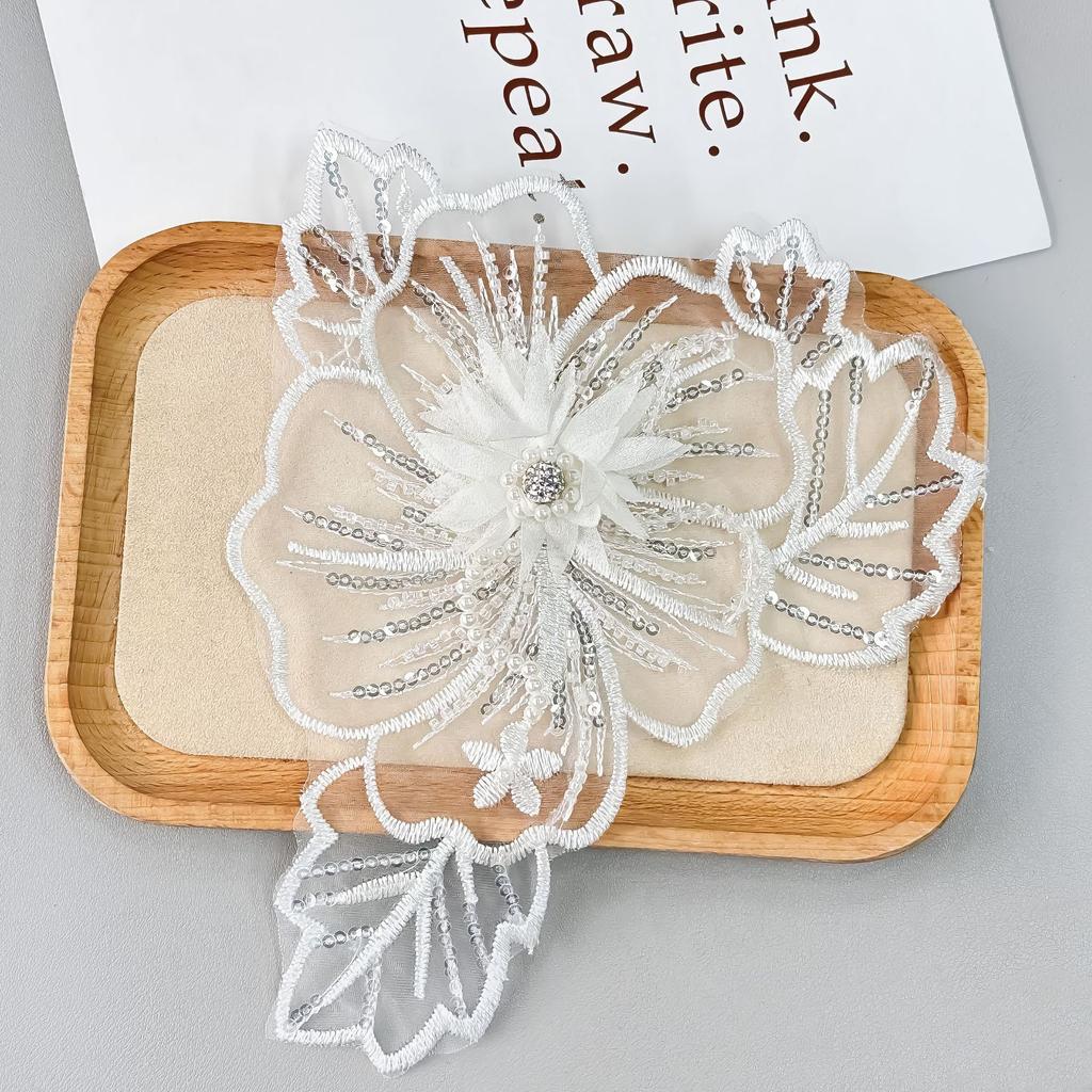 White Handmade Beaded Mesh Sequined Lace Embroidered Cloth Sticker Wedding Dress Children'S Dress Decorative Clothing Accessories