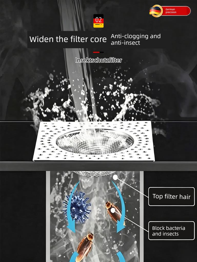 German Stainless Steel Floor Drain Filter Square Bathroom Sewer Universal Anti-Clogging Hair Filter