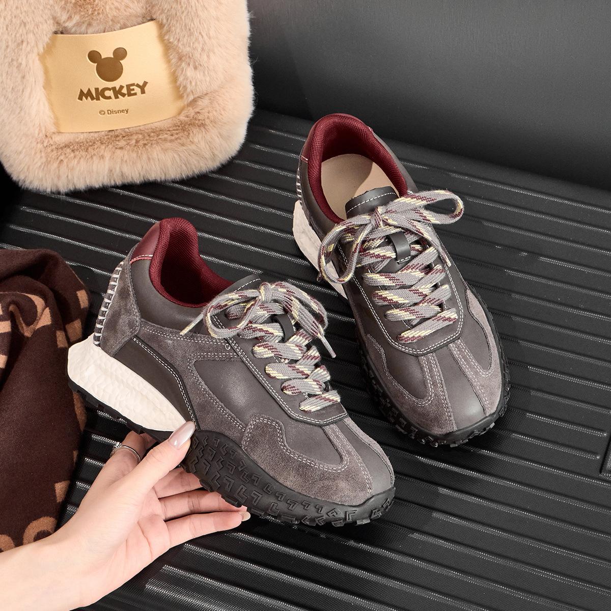 

Cowhide~ 7CM inner height increase German training shoes women s genuine leather spring and summer thick-soled gray small sports and leisure dad shoes 35