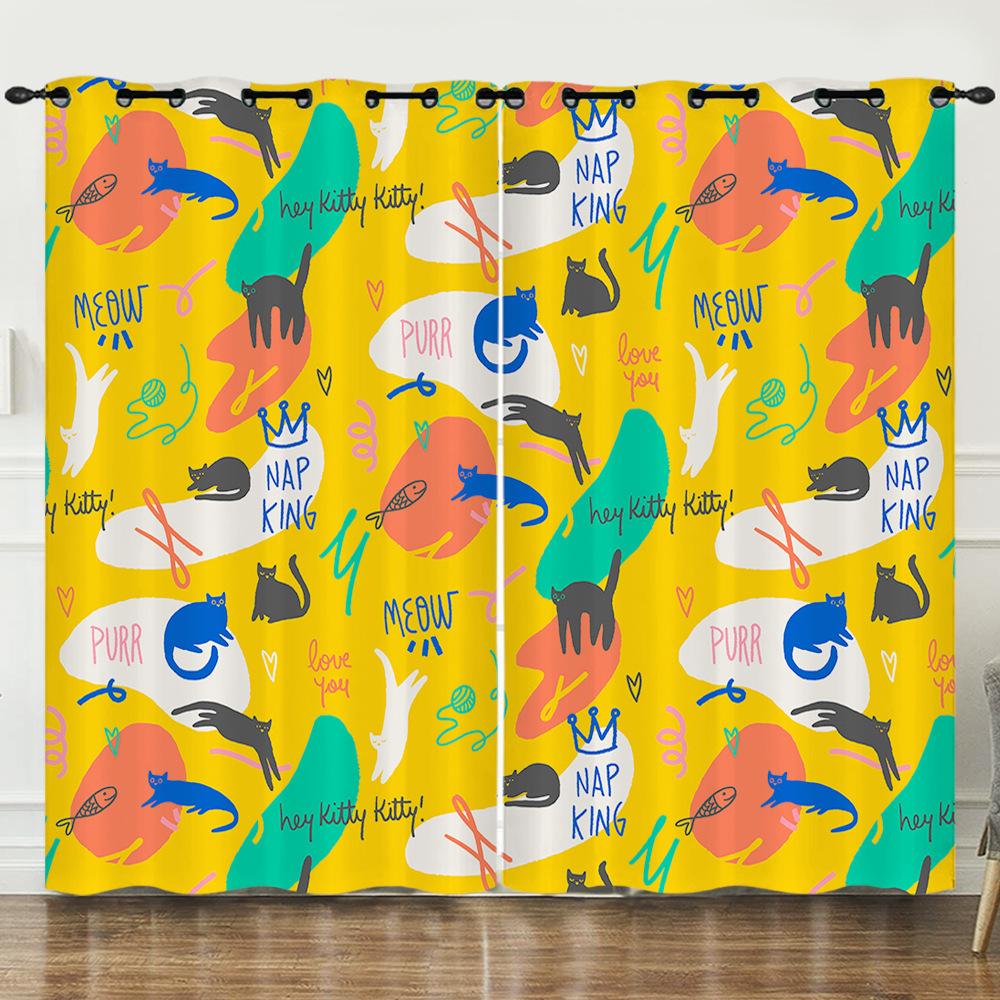 Curtain Cartoon Animal Animation Kitten 3D Digital Printing Blackout Curtain Punching 2pcs*97cm*114cm*2
