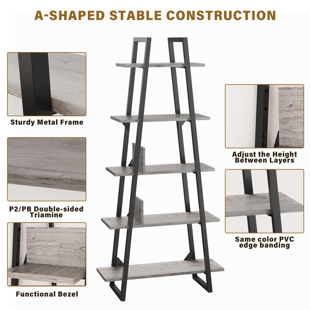 Bookshelf 5 Tier Industrial Wood, Tall Open Rustic Etagere Bookcase Ladder,Standing Display Shelves for Home Living Room Bedroom