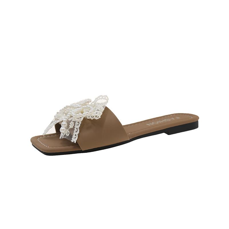 Fashion fairy style pearl bow one-word slippers female summer new casual square head open-toed flat-bottomed slippers female