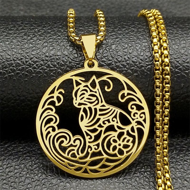A beautiful cat animal pendant necklace for men and women, stainless steel gold/silver/black hollow flower chain jewelry necklace