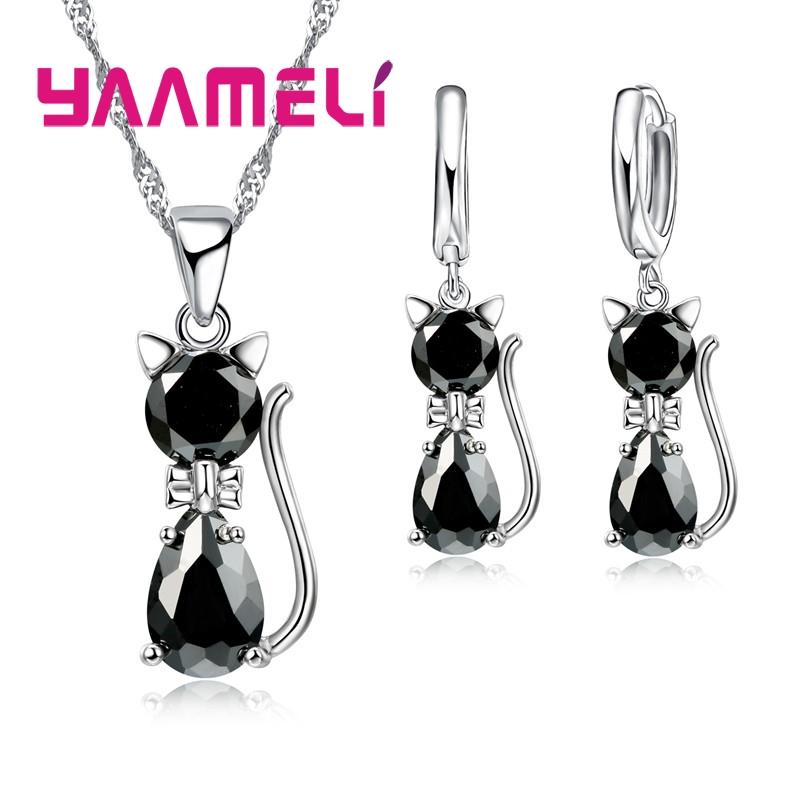 Real Zinc Alloy Sterling Zinc Alloy Color Zircon Sets for Woman Girls Shining Austrian Crystal Cute Cat Pendant Necklace Huggie Earring