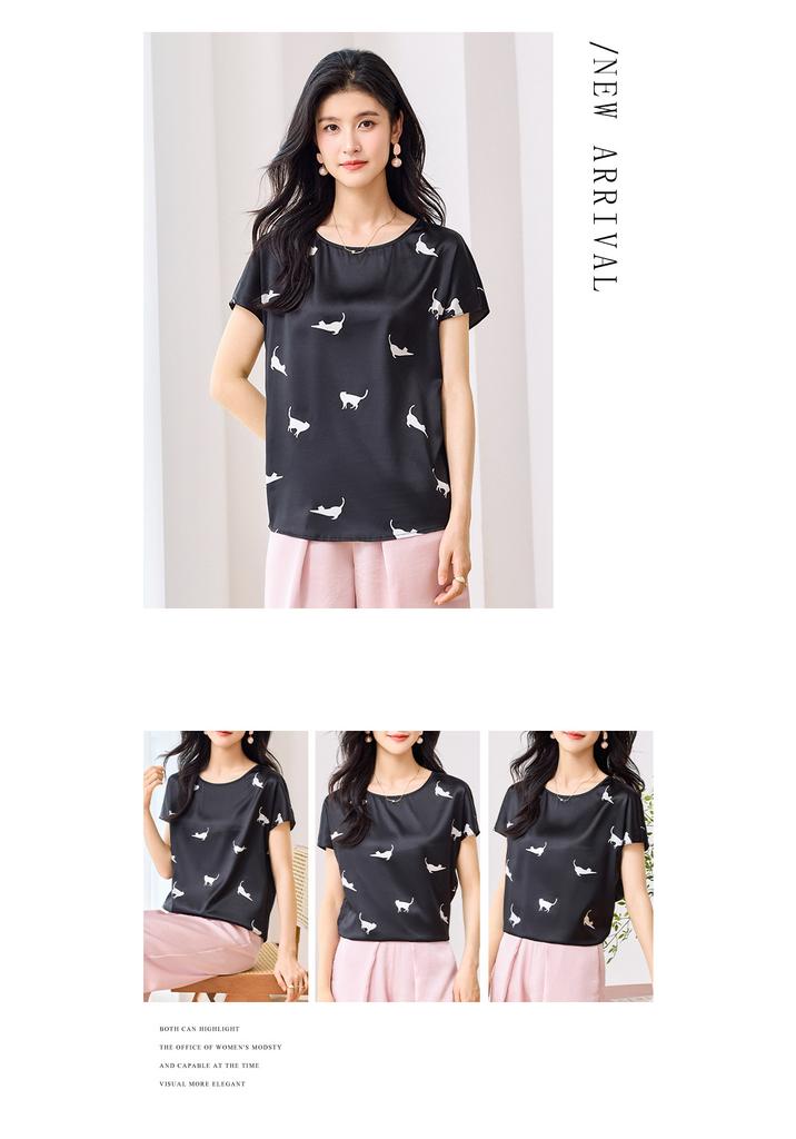 Elastic Satin [19mm Top] 2025 Short Sleeved Women's Spring and Autumn Cartoon Black Background White Cat Women's T-shirt