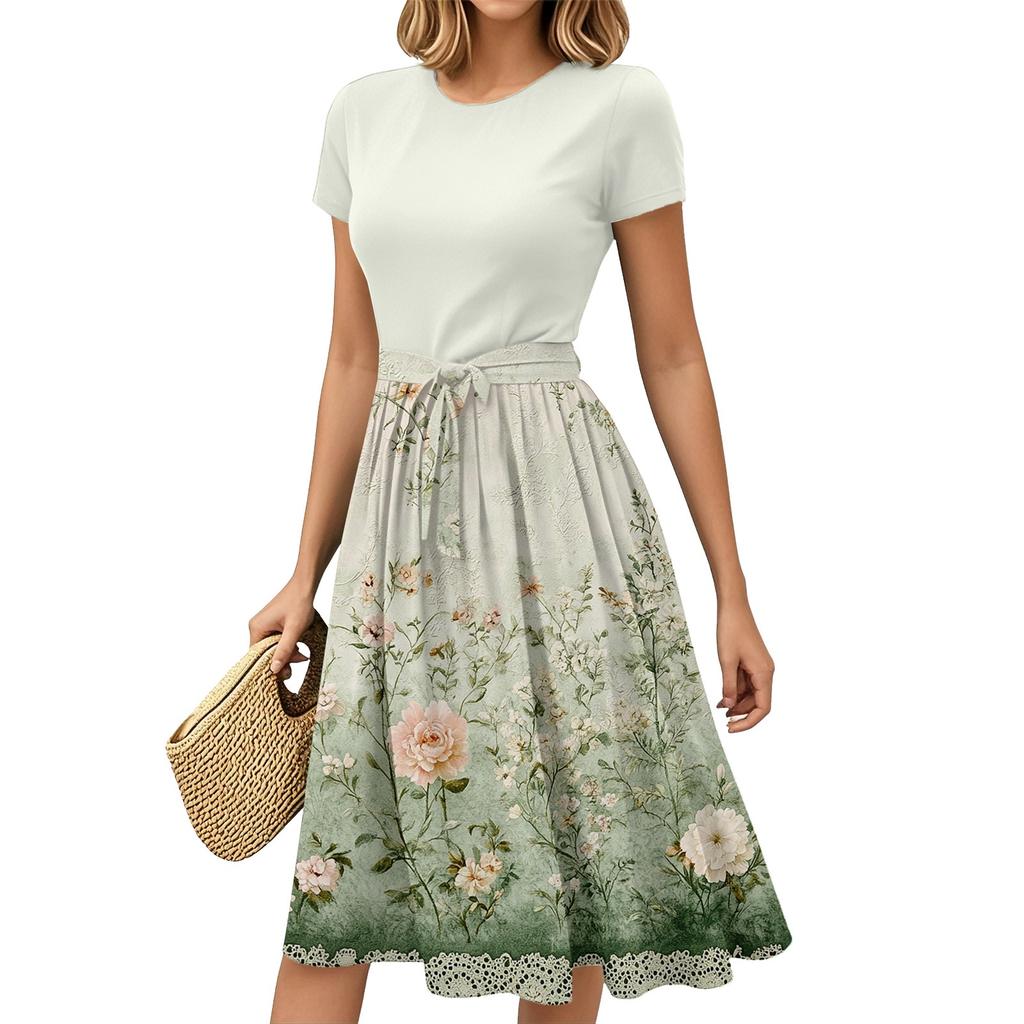 Women's Fashion Casual Belt Short Sleeve Round Neck Geometric Printing Splicing Elegant Temperament Dresses