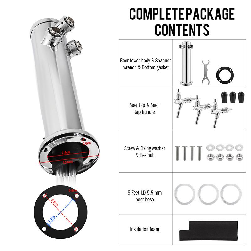 Věž na čepované pivo, 3 výčepní kohouty Kegerator Pivo věž, 3'' Stříbrný sloup 3-cestný výčepní dávkovač s knoflíkem pro nastavení průtoku, Barové příslušenství