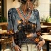 Women's Halloween Print Tie Front Ruffle V-Neck Blouse with