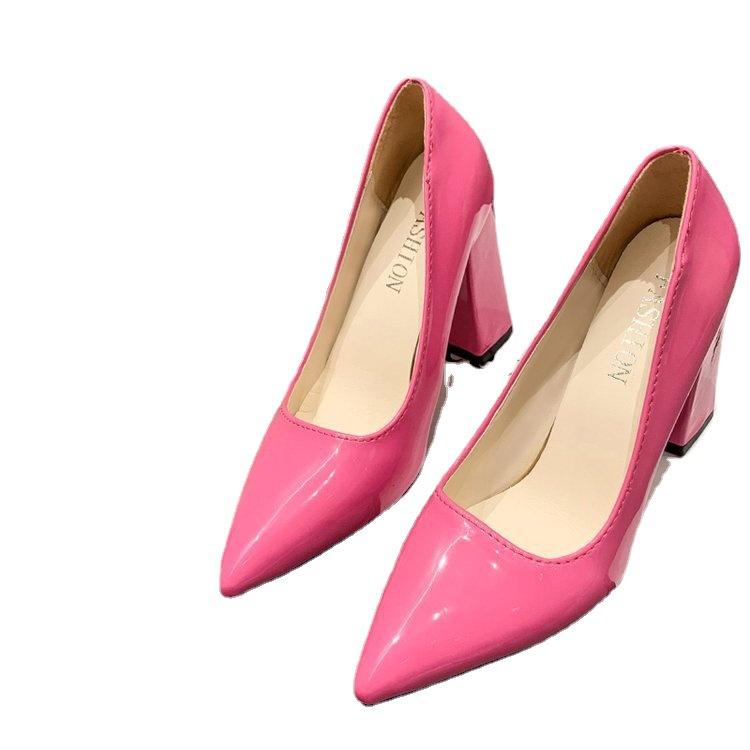 Foreign trade 2025 large size thick heel fashion high heels sexy professional candy color versatile patent leather light mouth French