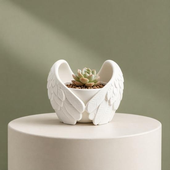 Angel Wings Planter, 3D Printed Decorative Flowerpot, White Feathered Wings Plant Pot for Succulents Small Plants