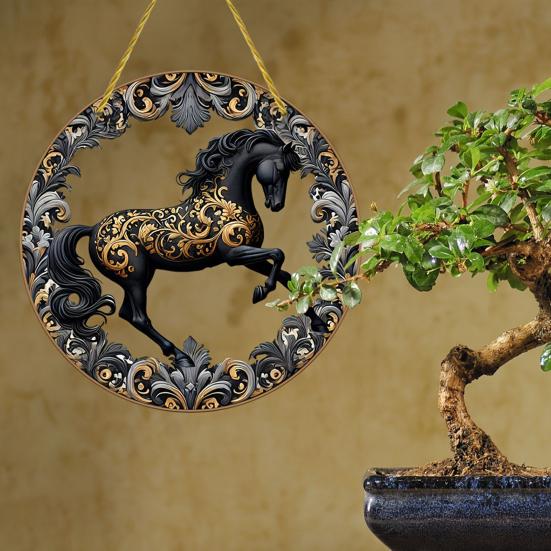 Yousheng Horse Hanging Sign Round Acrylic Panel Sign 2D Flat Horse Sign Decorative Front Door Sign for Home Farmhouse Outdoor Indoor Decoration