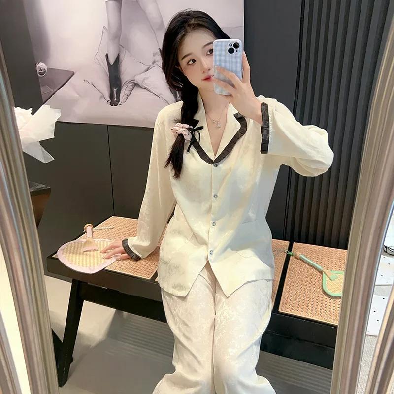 Pajamas for Women Spring and Autumn Long-sleeved Trousers Ice Silk Cardigan 2 Pieces Lace New Lapel Home Clothes