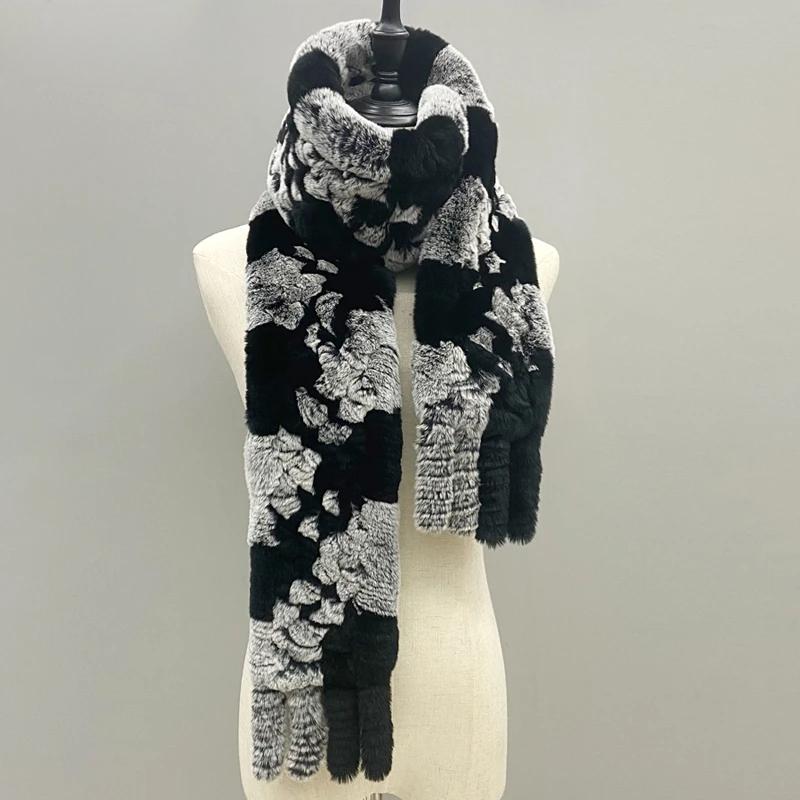 Natural Fur Scarf Fluffy Long Shawl Genuine Rex Rabbit Fur Hand Knitted Stylish Women Scarves In Winter Shawls 180cmx13cm