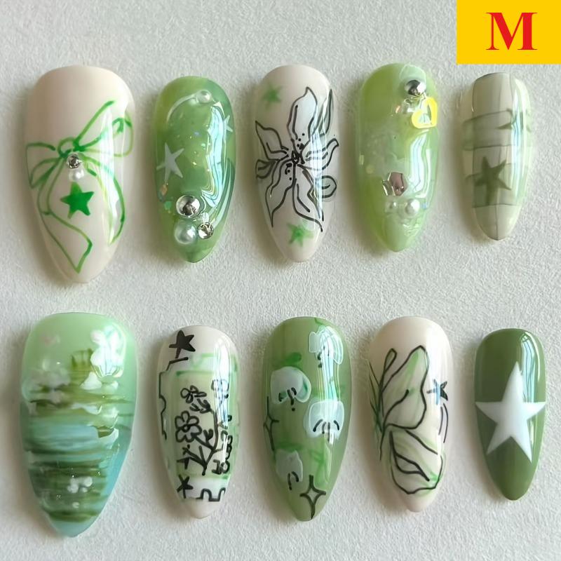 Nouveau lot de 10 faux ongles press-on faits main Art des ongles vert amande Pointe d'ongle artificielle Motif papillon de l'océan et fleur Ensemble de faux ongles Manucure pour filles
