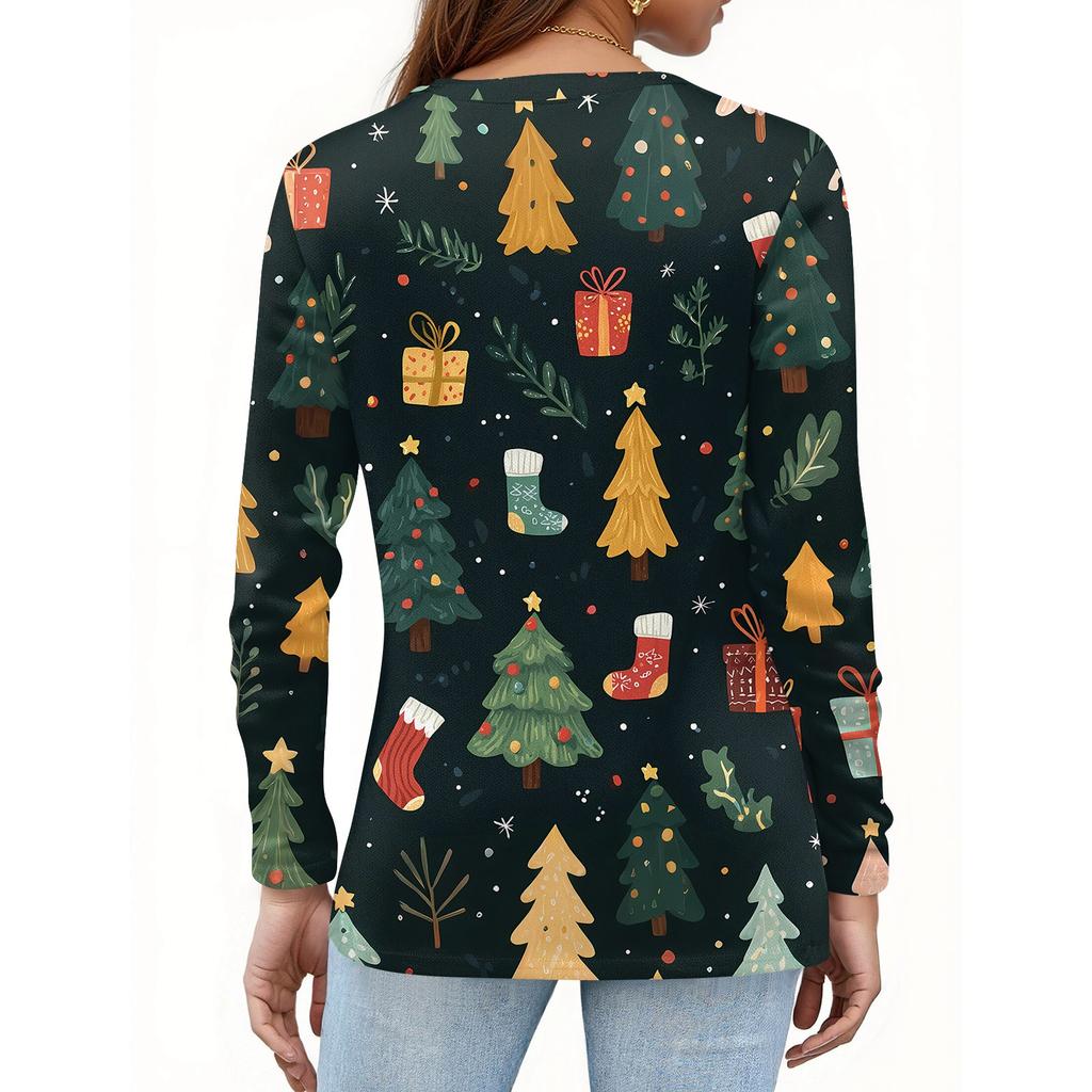 Women's Fashion Casual Christmas Printed Round Neck Long Sleeve Pullover Top