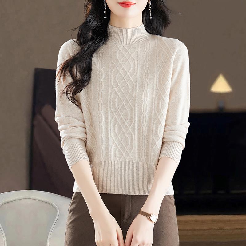 Women's Wool Half-High Collar Sweater - Winter Knit Loose Fit Base Layer