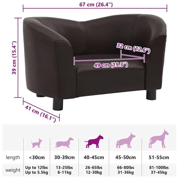VidaXL Canapé pour Chien Marron 67x41x39 cm Similicuir Sofa pour Chat Animaux 170947