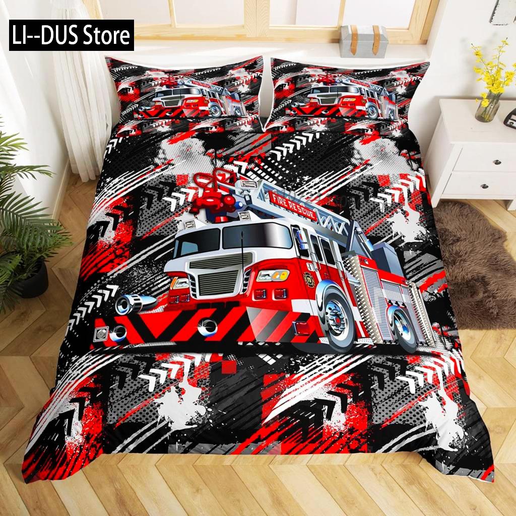 Fire Truck Duvet Cover Set Twin Size Red Firemen Car Vehicle Bedding Set Fire Engine Pattern For Boys Tire Printing Quilt Cover