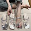 Two sandals for women to wear 2025 new summer fashion rhinestone toe fairy wind thick high heel crystal cool slippers