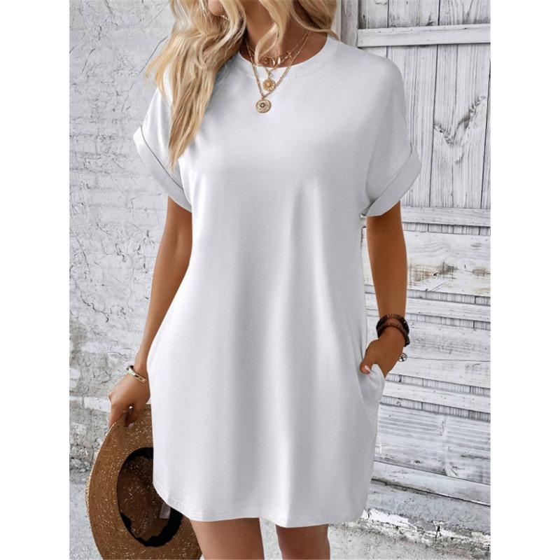 Women Casual Solid Color Round Neck Bat Sleeve Invisible Pocket Loose Short Sleeved Dress