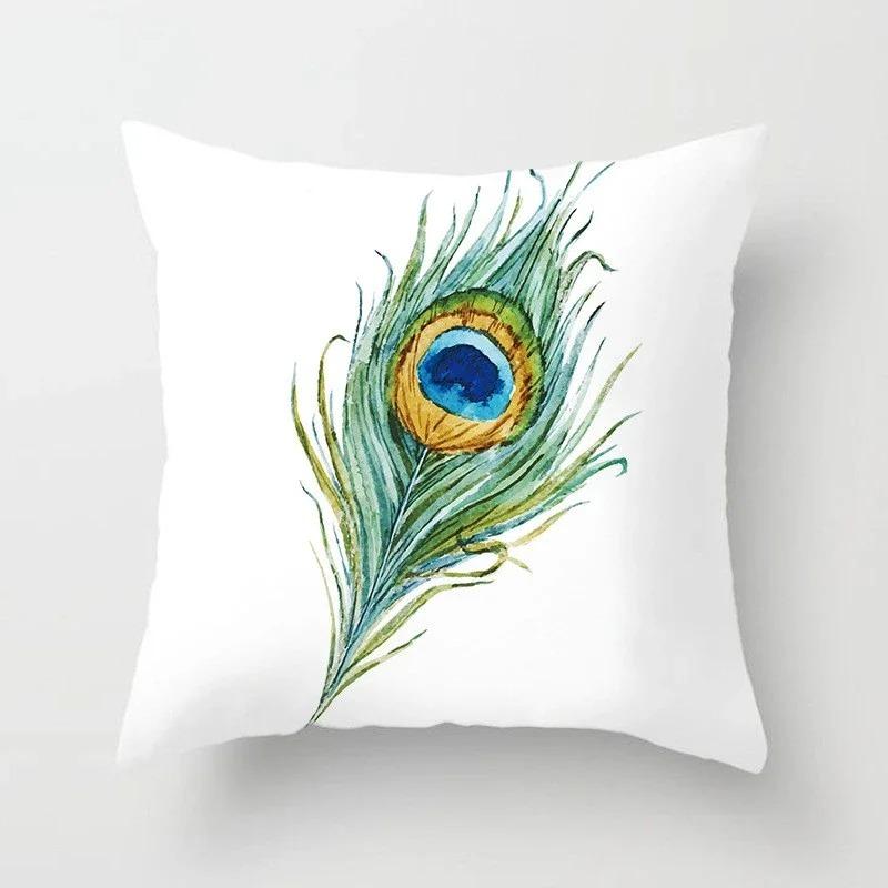 Peacock Feather Pattern Polyester Cushion Cover Throw Pillow Decorative Cushion Pillow Cover Sofa Decorative Pillow Cover