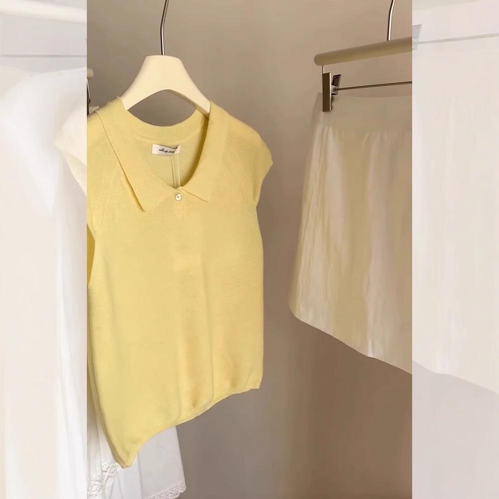 Women's 2025 Summer French Puff Sleeve Ice Silk Knitted Top with Turn-Down Collar