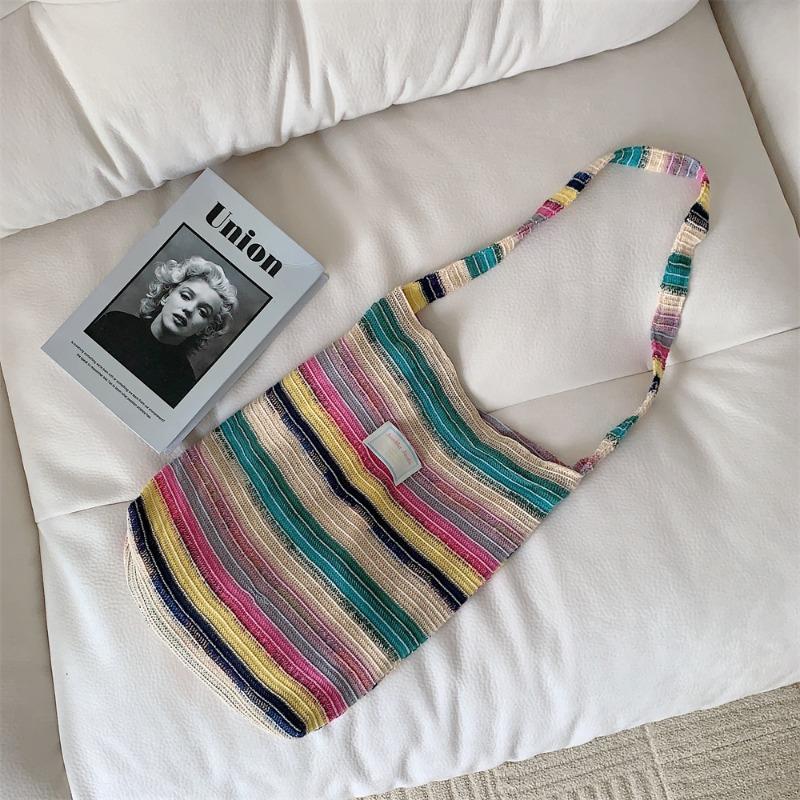 1 bag women's new wool knitted handbag contrasting color rainbow striped underarm shoulder woven bag