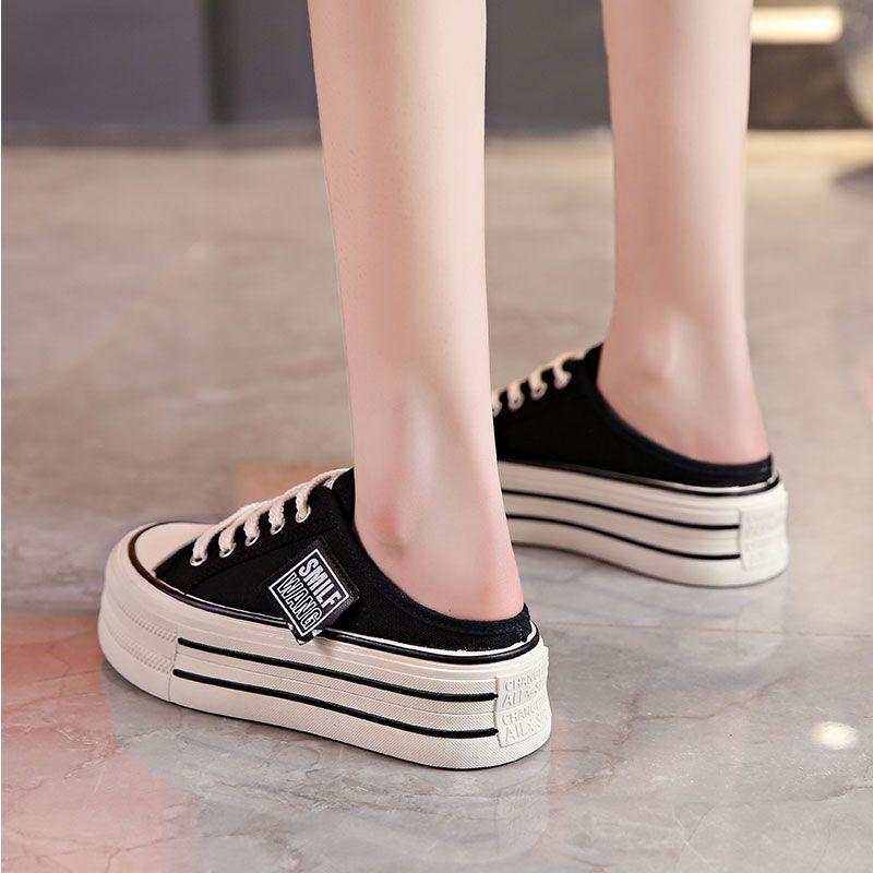 Pantofole da donna Autunno Punta rotonda Allacciate Scarpe di tela Senza tacco Pigre Suola spessa Mezza pantofola
