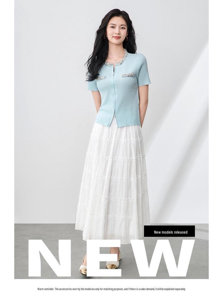 Beaded Sequin Tencel Knit Cardigan with Double Zipper, Short Sleeve & Round Neck