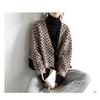 Women Loose Thick Plaid Color Block V Neck Long Sleeve Knitted Cardigan Sweater Coat
