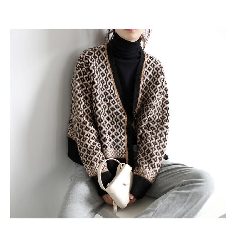 Women Loose Thick Plaid Color Block V Neck Long Sleeve Knitted Cardigan Sweater Coat