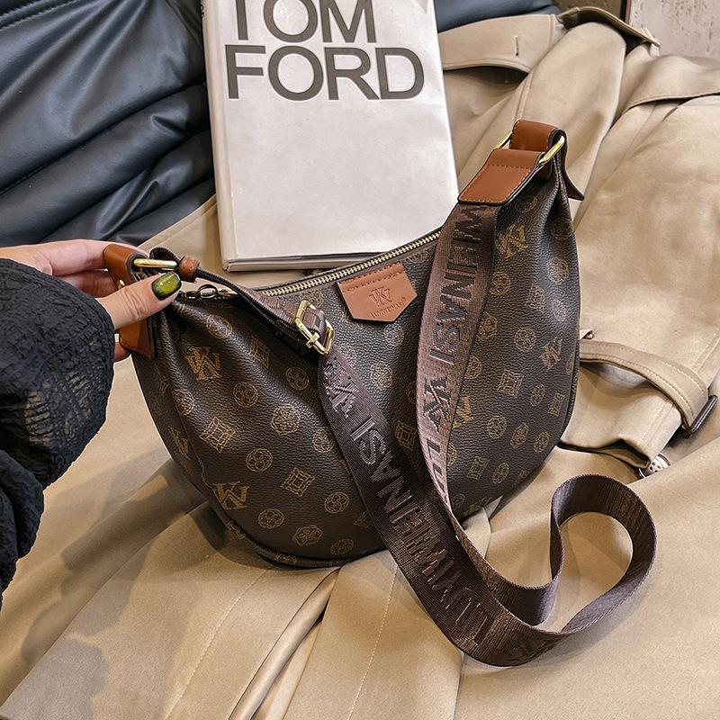 Elegant Women's 2025 Retro Monogram Dumpling Crossbody Handbag with Wide Strap and Large Capacity