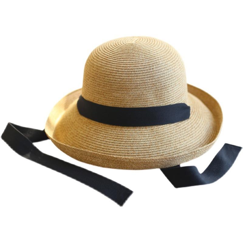 Papyrus crimped foldable streamer ribbon bucket hat sun hat sun protection beach hat women's seaside straw hat