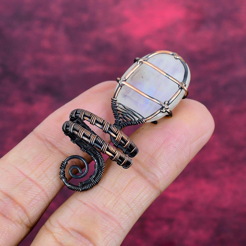 Rainbow Moonstone Ring Adjustable Ring Copper Wire Wrapped Real Gemstone Jewelry