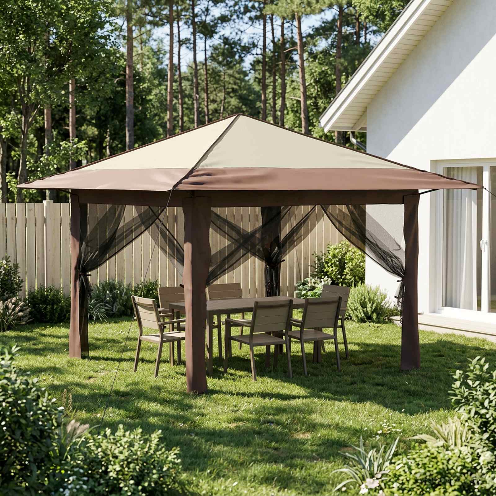 Pavillon mit 4 Seitenwänden 3,3 x 3,3 m Creme und Braun