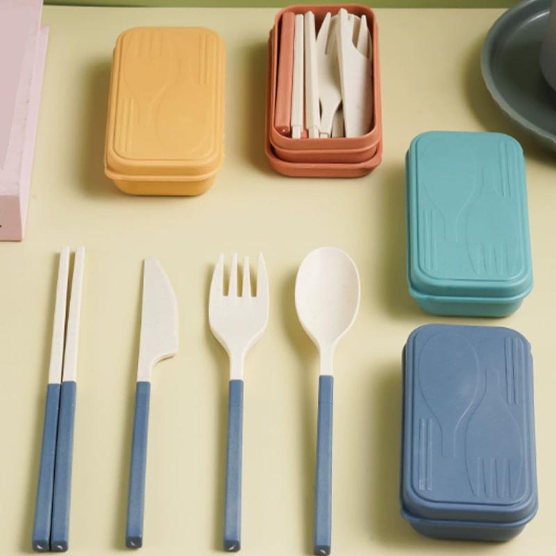 Japanese-Style Wheat Straw Cutlery Set Knife Fork Spoon Chopsticks - Three-Piece Folding Portable Cutlery